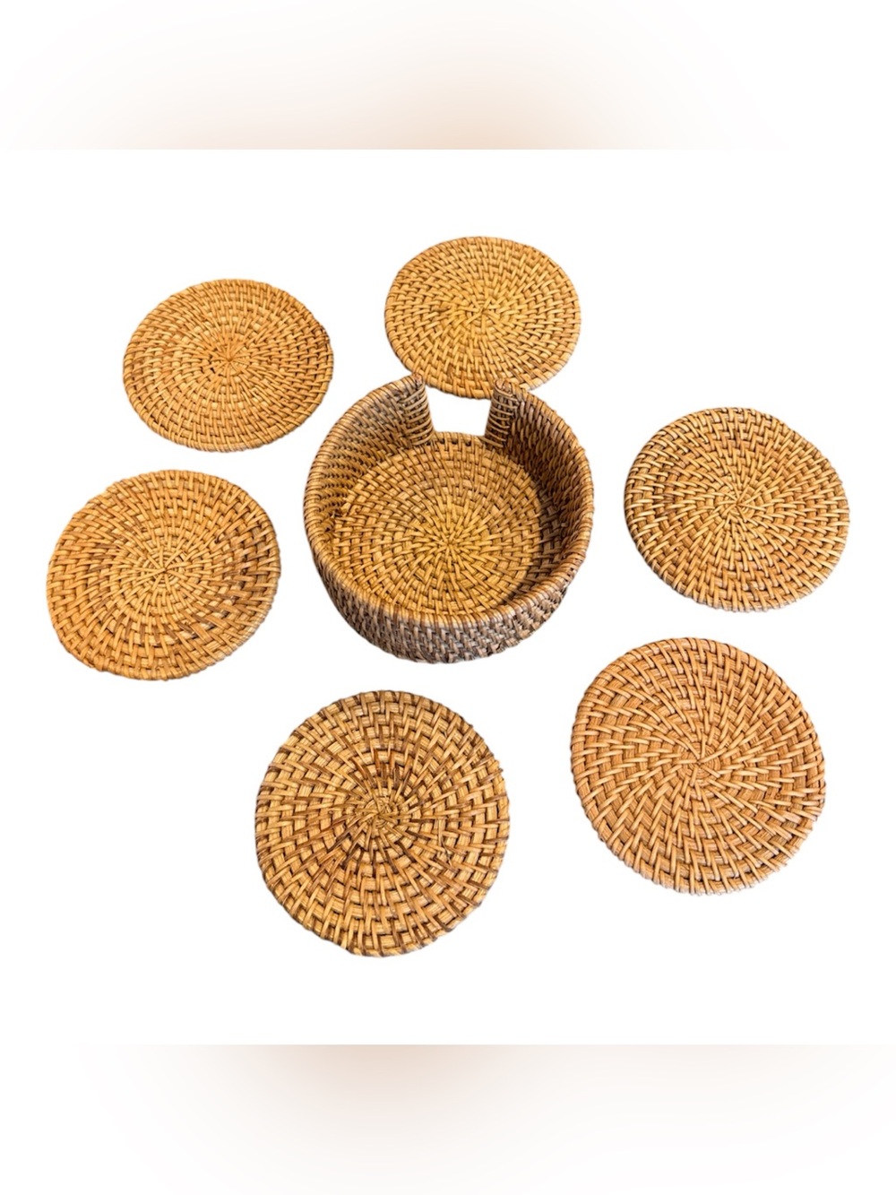Round Rattan Coaster Set of Six with Matching Caddy Honey Brown Used - Picture 3 of 4